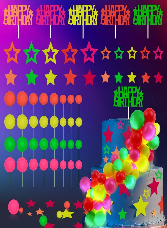 Morofme 57 Pcs Neon Cake Topper Glow Party Cake Topper Neon Glow Cupcake Decorations Colorful Star and Happy Birthday Cupcake Toppers UV Reactive Cakes Picks for Black Light Birthday Baby Shower Party - Image 1