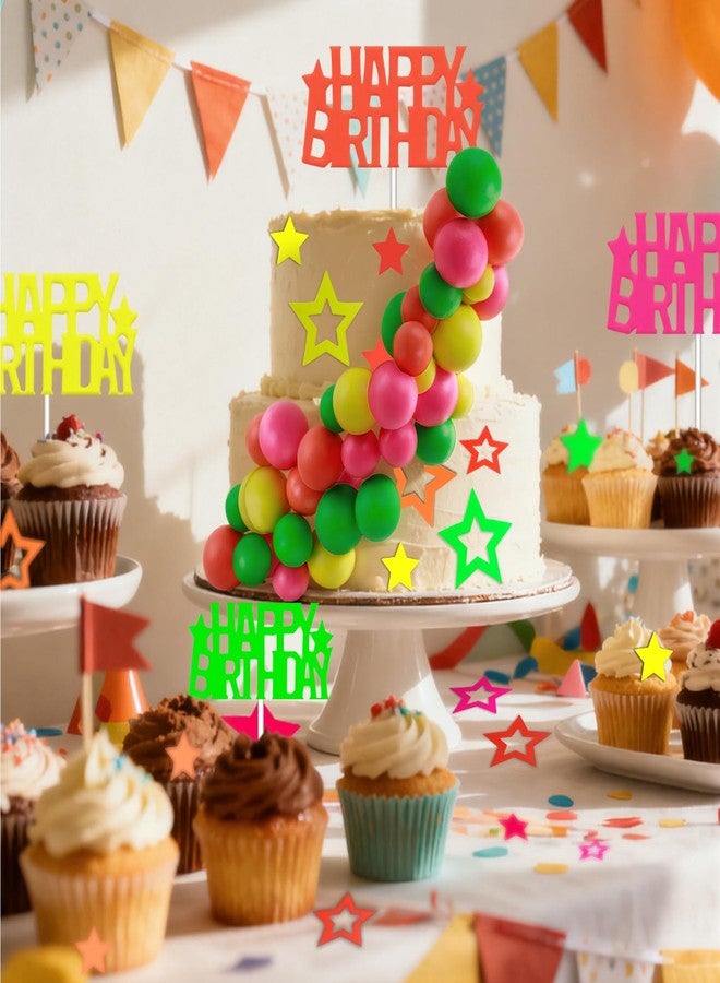 Morofme 57 Pcs Neon Cake Topper Glow Party Cake Topper Neon Glow Cupcake Decorations Colorful Star and Happy Birthday Cupcake Toppers UV Reactive Cakes Picks for Black Light Birthday Baby Shower Party - Image 4