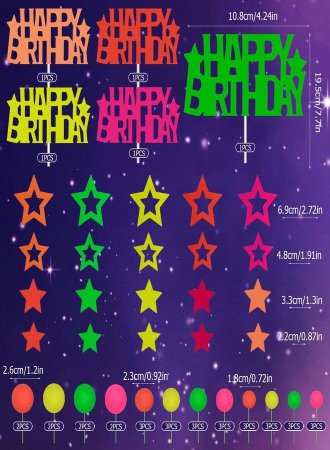 Morofme 57 Pcs Neon Cake Topper Glow Party Cake Topper Neon Glow Cupcake Decorations Colorful Star and Happy Birthday Cupcake Toppers UV Reactive Cakes Picks for Black Light Birthday Baby Shower Party - Image 3