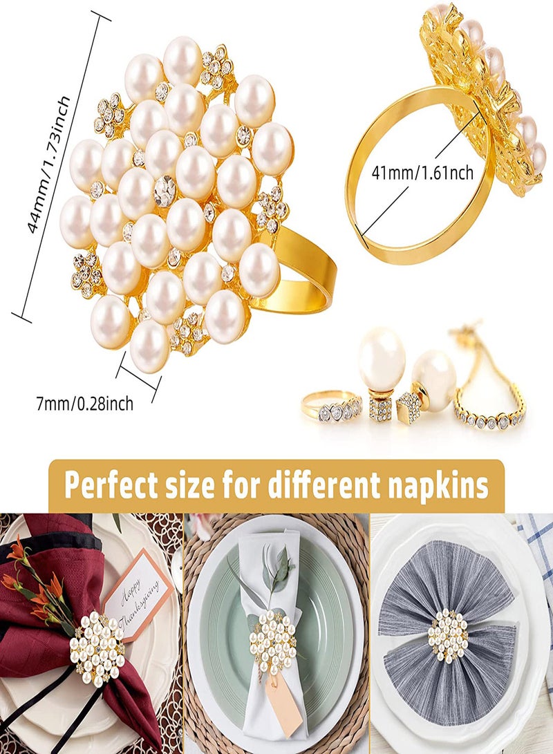 Elegant Rhinestone Pearl Napkin Rings Set of 6, Gold Serviette Holders for Wedding, Party, and Holiday Table Decorations, Bling Crystal Diamond Home Decor