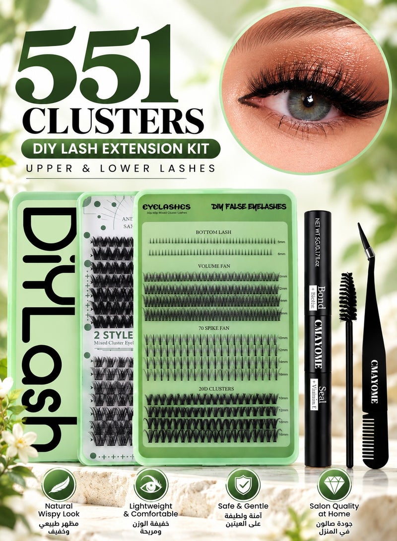 CMAYOME 551 Clusters DIY Lash Extension Kit, Wispy Fluffy Individual Lash Clusters, 10-16mm Mixed Length Natural D Curl False Eyelashes with 5-6mm Bottom Lashes, Bond & Seal, Tweezers & Mascara Brush Tool Set for Beginners - Image 1
