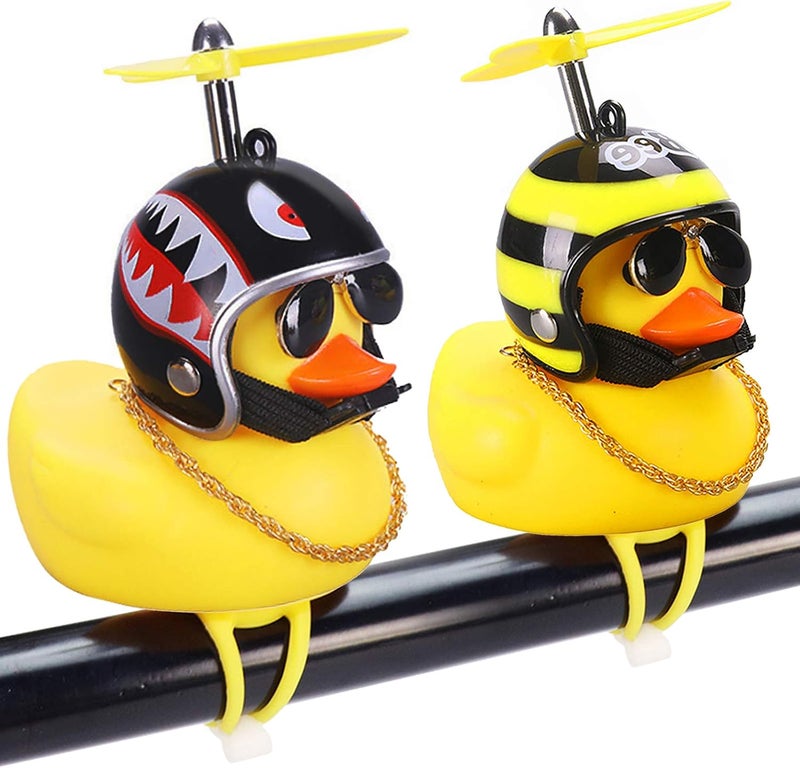 wonuu Rubber Duck Car Ornaments, 2Pcs Yellow Duck Car Dashboard Decorations Squeeze Duck Bicycle Horns with Propeller Helmet - Image 1