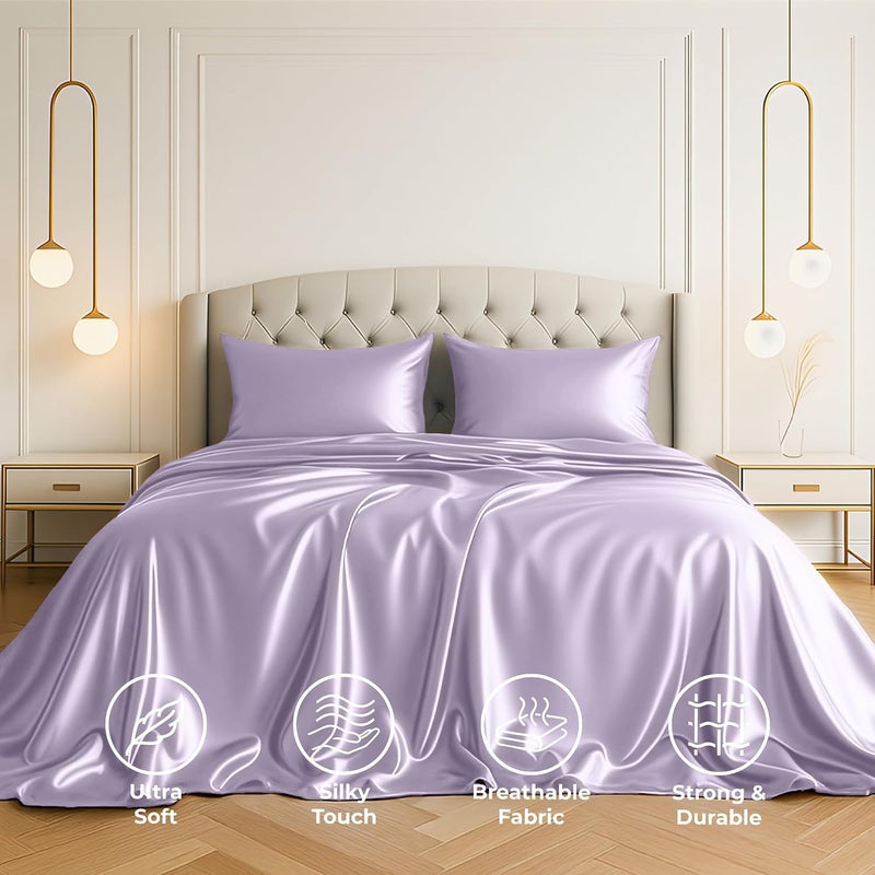 Pure Bedding Satin Sheets Full [4-Piece, Lavender] Hotel Luxury Silky Bed Sheets - Extra Soft 1800 Microfiber Sheet Set, Wrinkle, Fade, Deep Pocket Fitted Sheet, Flat Sheet, Pillow Cases - Image 2