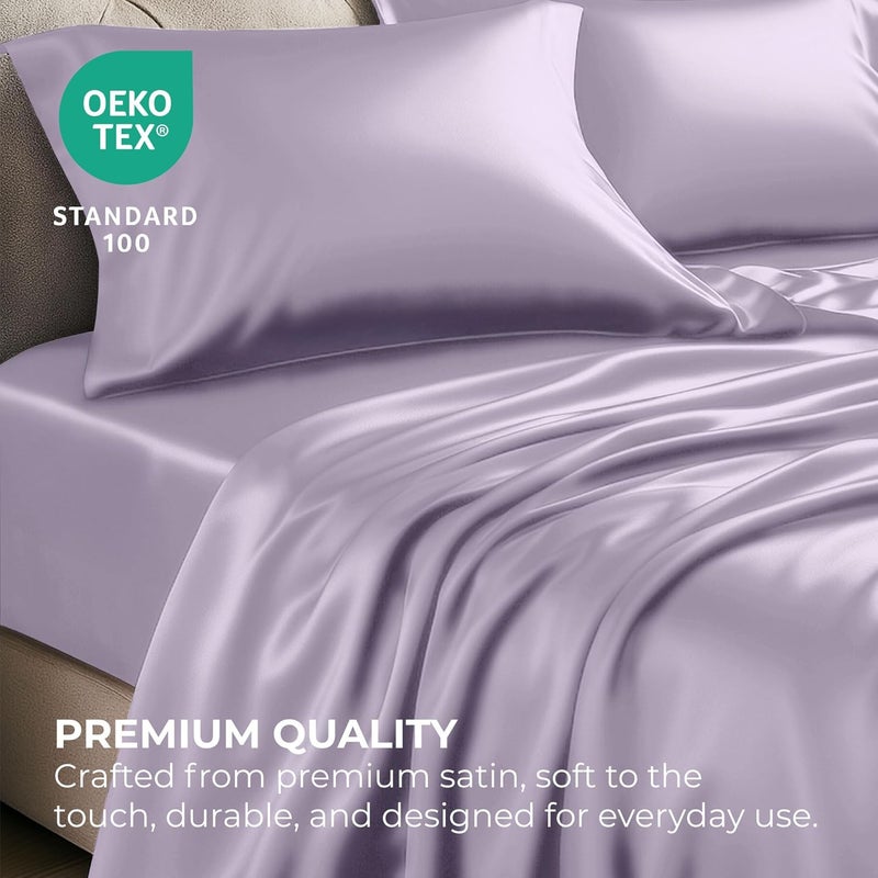 Pure Bedding Satin Sheets Full [4-Piece, Lavender] Hotel Luxury Silky Bed Sheets - Extra Soft 1800 Microfiber Sheet Set, Wrinkle, Fade, Deep Pocket Fitted Sheet, Flat Sheet, Pillow Cases - Image 5