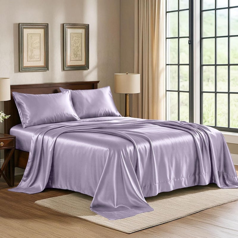 Pure Bedding Satin Sheets Full [4-Piece, Lavender] Hotel Luxury Silky Bed Sheets - Extra Soft 1800 Microfiber Sheet Set, Wrinkle, Fade, Deep Pocket Fitted Sheet, Flat Sheet, Pillow Cases - Image 1
