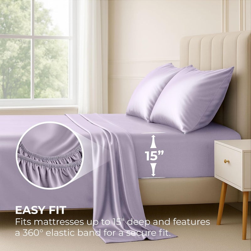 Pure Bedding Satin Sheets Full [4-Piece, Lavender] Hotel Luxury Silky Bed Sheets - Extra Soft 1800 Microfiber Sheet Set, Wrinkle, Fade, Deep Pocket Fitted Sheet, Flat Sheet, Pillow Cases - Image 3