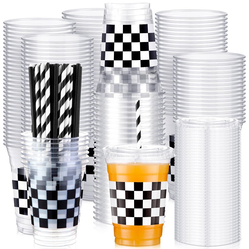 meekoo 50 Sets Checkered Cup with Flat Lids and Straws 12 oz White Black Checkered Flag Plastic Cups Clear Drink Disposable Cups with Lids for Race Car Themed Party Birthday Baby Shower Car Sports - Image 1