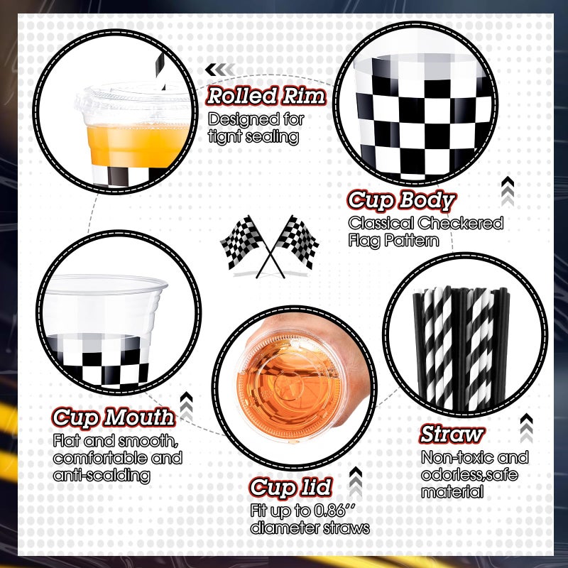 meekoo 50 Sets Checkered Cup with Flat Lids and Straws 12 oz White Black Checkered Flag Plastic Cups Clear Drink Disposable Cups with Lids for Race Car Themed Party Birthday Baby Shower Car Sports - Image 3