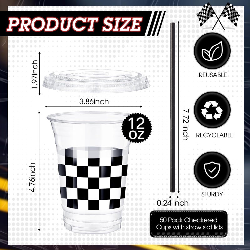 meekoo 50 Sets Checkered Cup with Flat Lids and Straws 12 oz White Black Checkered Flag Plastic Cups Clear Drink Disposable Cups with Lids for Race Car Themed Party Birthday Baby Shower Car Sports - Image 2