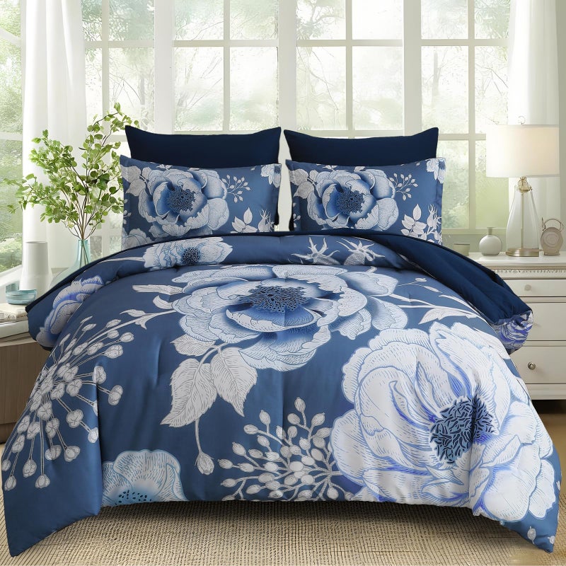 Luxudecor Floral Comforter Set King Size 7 Pieces Bed in a Bag,Flower Print on Blue Bedding Set,Soft Microfiber Bedding Set for All Season (Blue,104"x90") - Image 1