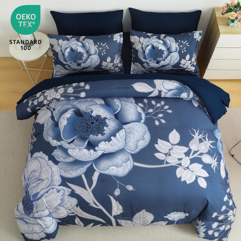 Luxudecor Floral Comforter Set King Size 7 Pieces Bed in a Bag,Flower Print on Blue Bedding Set,Soft Microfiber Bedding Set for All Season (Blue,104"x90") - Image 3