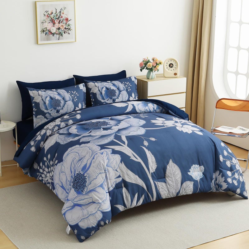 Luxudecor Floral Comforter Set King Size 7 Pieces Bed in a Bag,Flower Print on Blue Bedding Set,Soft Microfiber Bedding Set for All Season (Blue,104"x90") - Image 2