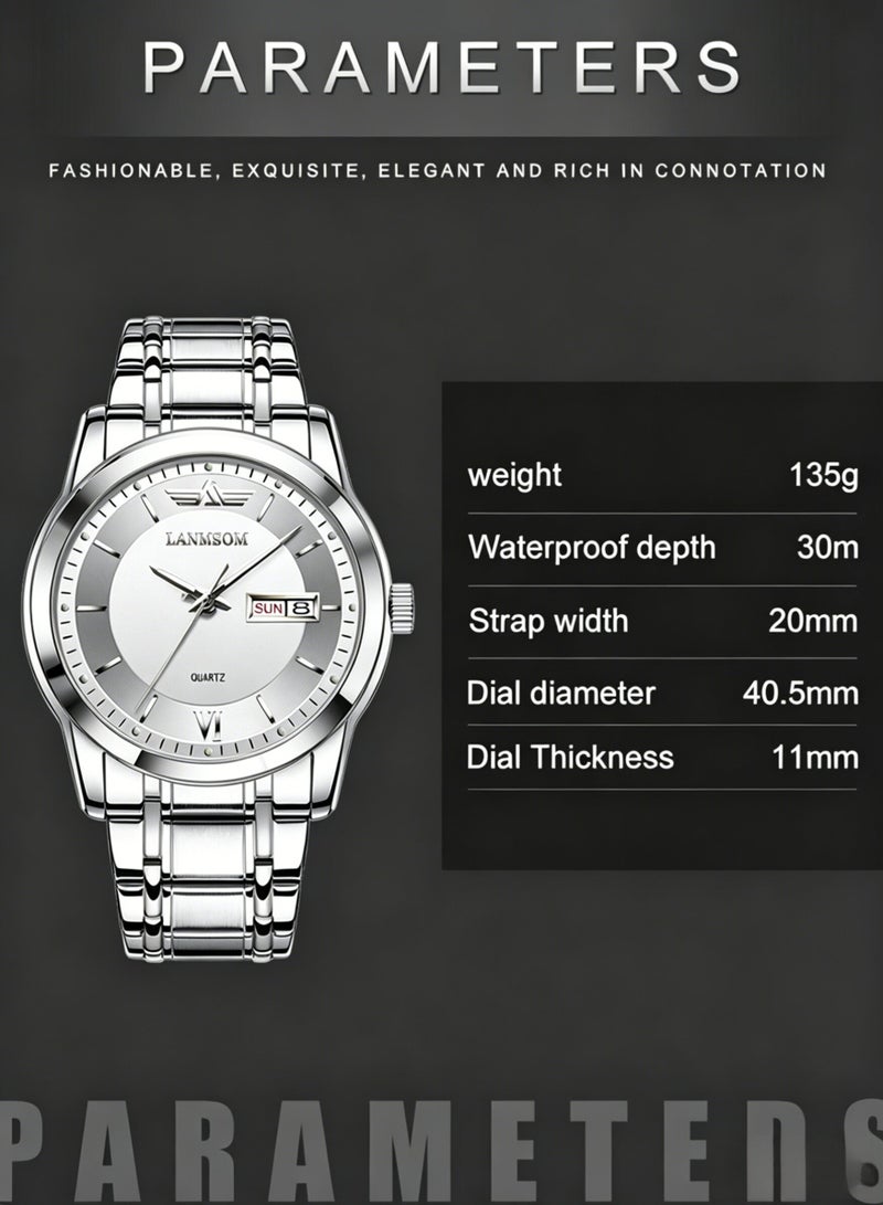 LANMSOM Luxury men’s wristwatch, mechanical men’s watch, with date and day display windows, white background with silver borders. - Image 5