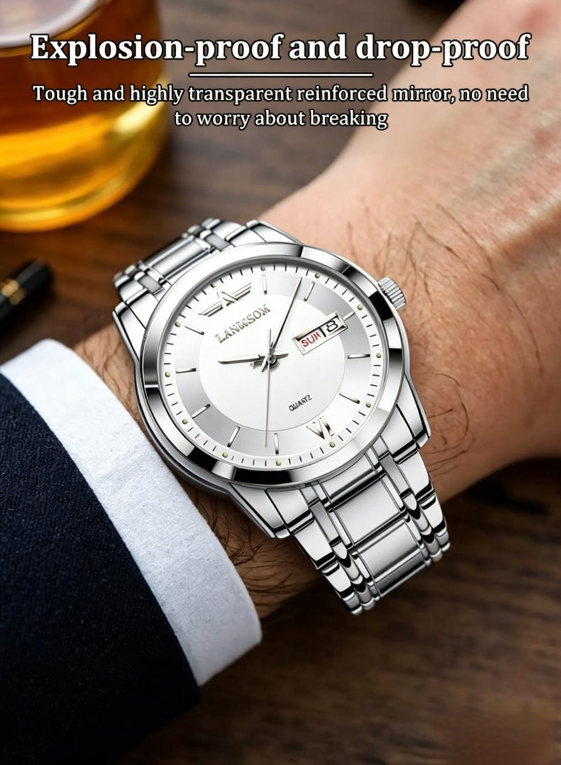 LANMSOM Luxury men’s wristwatch, mechanical men’s watch, with date and day display windows, white background with silver borders. - Image 4