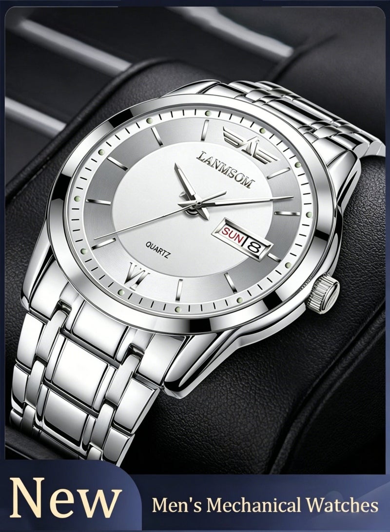 LANMSOM Luxury men’s wristwatch, mechanical men’s watch, with date and day display windows, white background with silver borders. - Image 1