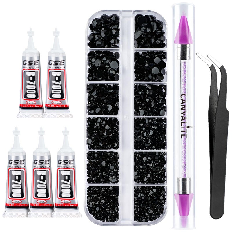 Canvalite 1500PCS Black Rhinestones Flat Back Gems, Nail Rhinestones Nail Art Gems with Pick Up Tweezers and Rhinestone Picker Dotting Pen, Nail Art Tools for Nails, Clothes, Face, Craft - Image 1