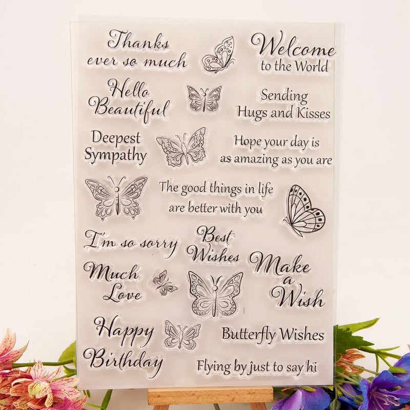 Butterflies Clear Stamps Silicone Stamp Cards with SentimentsButterfly Greeting Words Pattern Transparent Seal Stamps for Holiday Card Making Decoration and DIY Scrapbooking Album DIY Crafts