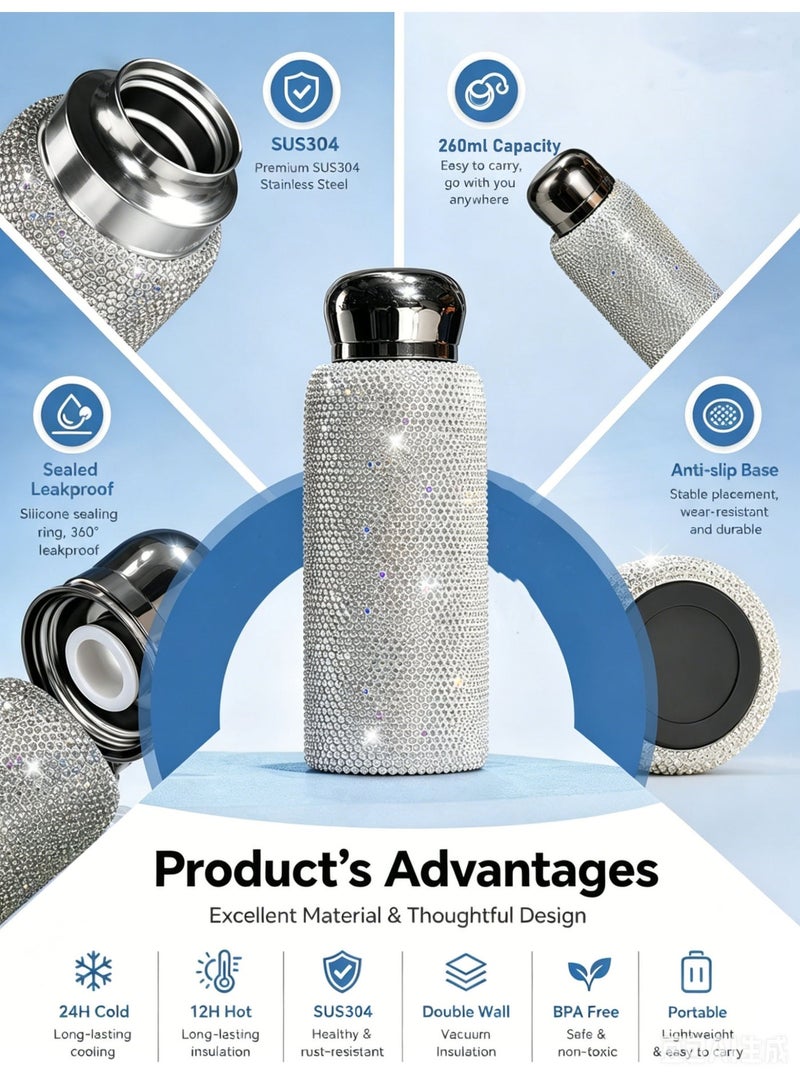260ml Small-Capacity Portable Stainless Steel Rhinestone-Embellished Insulated Tumbler (Cold & Hot) - Image 3