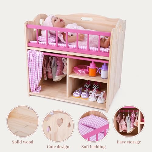 BABESIDE Baby Doll Crib Set for 1216 Inch Babydolls 2 in 1 Wooden Baby Doll Accessories Dolls Bed Dolls Closet with Bedding and Hangers Pretend Play Toy for Kids - Image 5