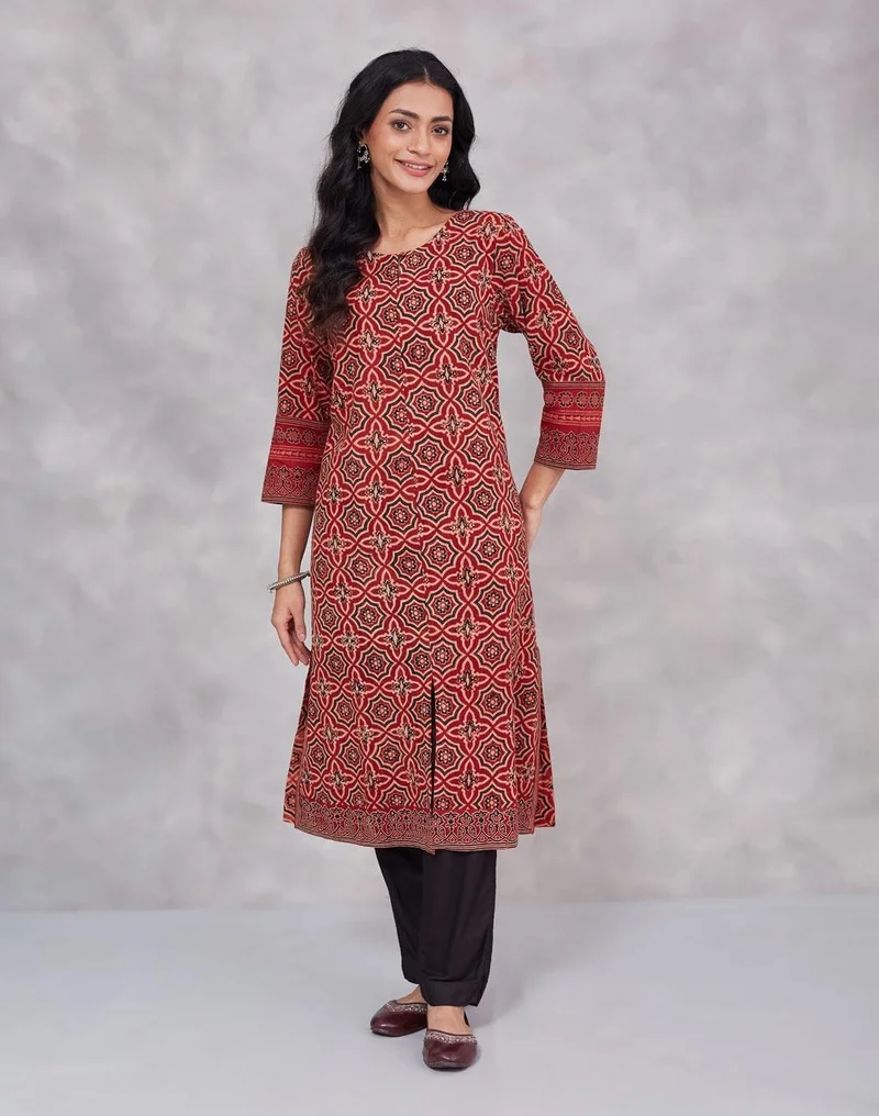 فاب انديا كرتا طويل قطني مطبوع بأجراك أحمر داكن