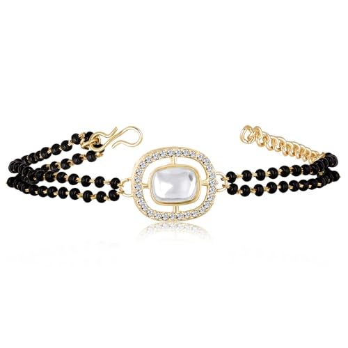 Peora Gold Plated Cubic Zirconia Synthetic Stone & Black Beads Studded Openable Bracelet for Women Girls - Image 1