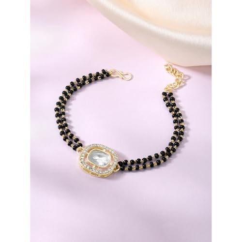 Peora Gold Plated Cubic Zirconia Synthetic Stone & Black Beads Studded Openable Bracelet for Women Girls - Image 2