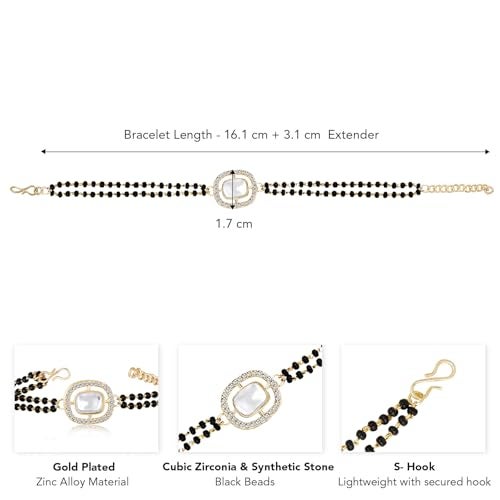 Peora Gold Plated Cubic Zirconia Synthetic Stone & Black Beads Studded Openable Bracelet for Women Girls - Image 4