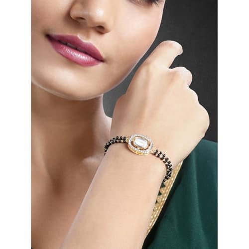 Peora Gold Plated Cubic Zirconia Synthetic Stone & Black Beads Studded Openable Bracelet for Women Girls - Image 3
