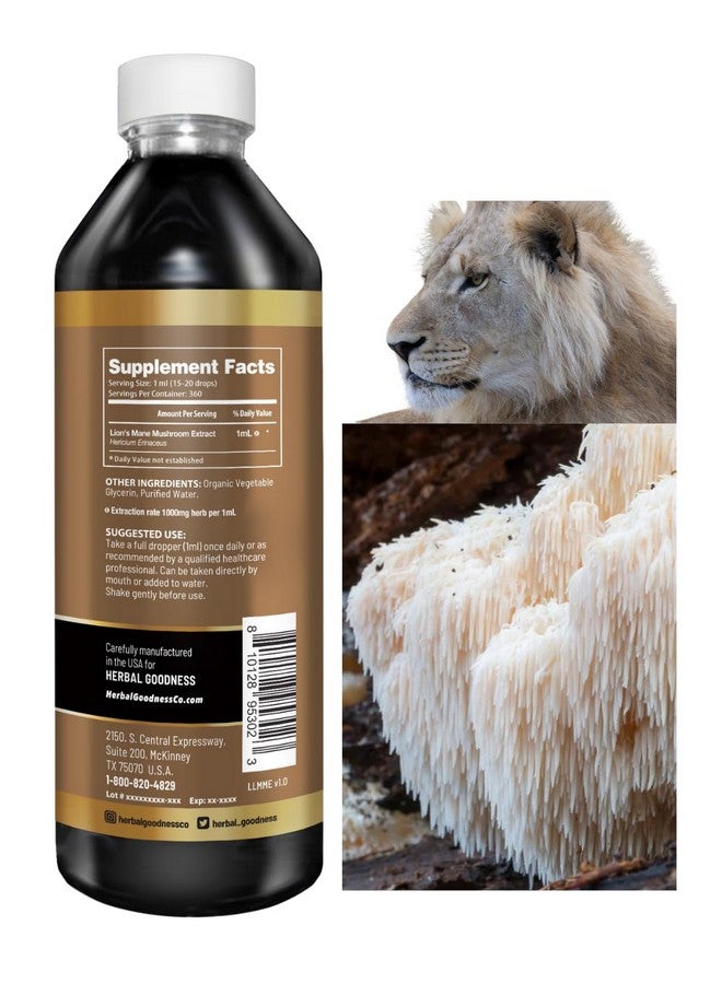 Herbal Goodness Lion’s Mane Mushroom Extract - Alcohol-Free Liquid Drops - Supports Cognitive Function & Nervous System Health - 12 Fl. oz Herbal Supplement - Image 2
