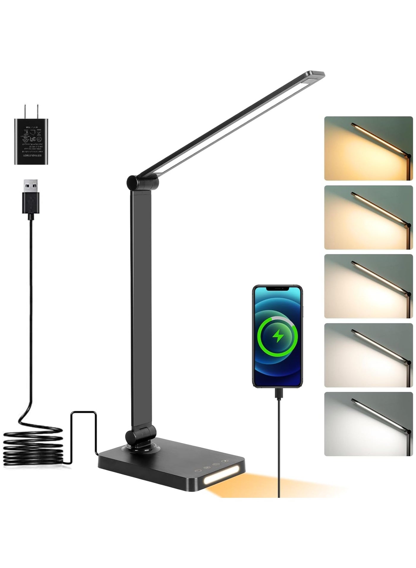 LED Desk Lamp with USB Ports,Touch Desk Lamps for Home Office with 5 Color Modes,3 Brightness Desk Light with Small Night Light,Reading Lamp Table Lamp for Bedroom Bedside Study Black(with Adapter)