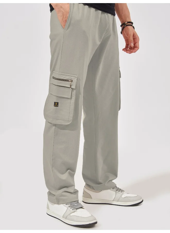 Maniac Maniac Men Solid Light Grey Oversized Cotton Cargo Pant