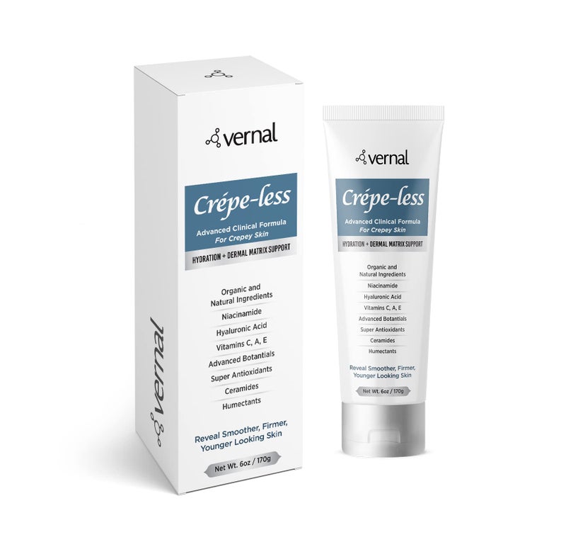 Vernal Crepe-less skin firming cream to reduce crepey arms, neck & hands. Organic tightening cream to reduce thin dry wrinkled skin. Best moisturizer to treat dry thin arms. Made in USA (6 Oz) - Image 1