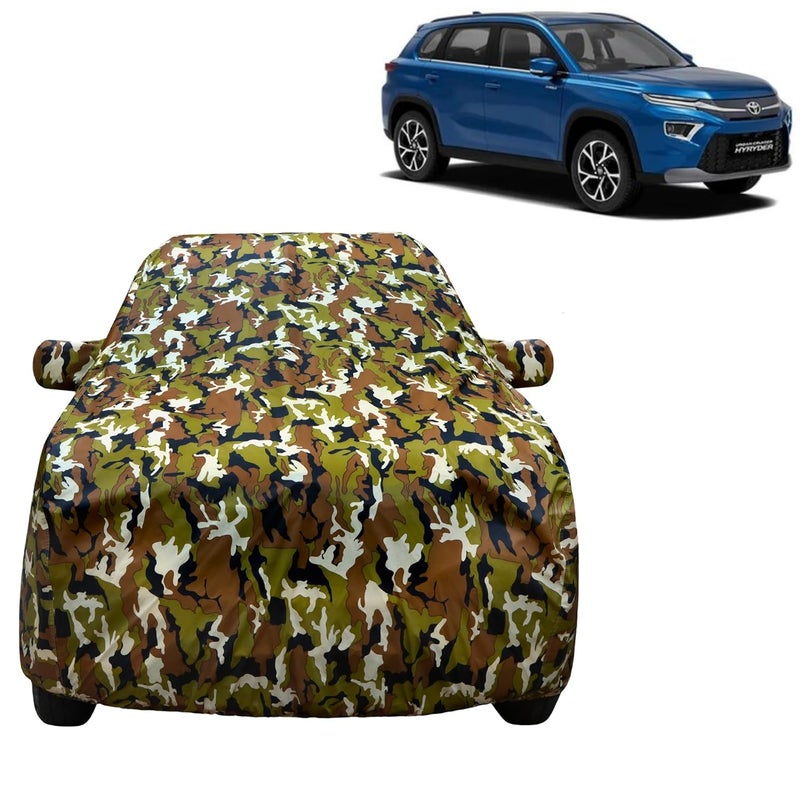 VYAS 100% Waterproof Car Body Cover for Toyota Hyryder (2022-2025) with Mirror Pocket Triple Stitched Belt & Buckle Fitting Dual Elastic, Durable Material Jungle Print Camouflage Design - Image 1