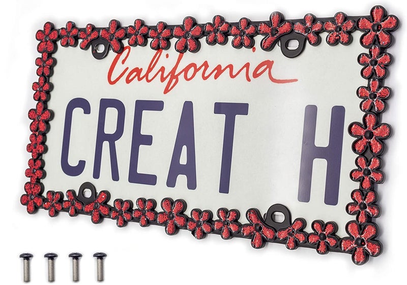 Creathome 3D Shining Daisy Wrenth License Plate Frame from Pure Zinc Alloy Metal Perfect Plate Holder,Matt Black with Red Glitter - Image 1