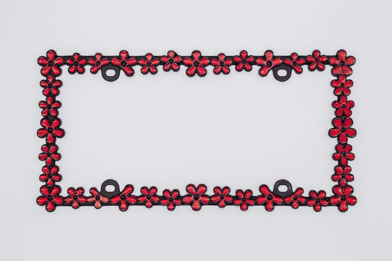Creathome 3D Shining Daisy Wrenth License Plate Frame from Pure Zinc Alloy Metal Perfect Plate Holder,Matt Black with Red Glitter - Image 2