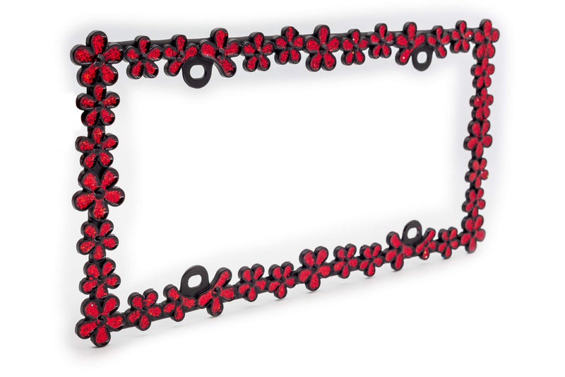 Creathome 3D Shining Daisy Wrenth License Plate Frame from Pure Zinc Alloy Metal Perfect Plate Holder,Matt Black with Red Glitter - Image 3