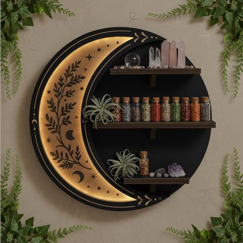 FNYDOX Wall Shelves for Bedroom, Crescent Moon Shelf with LED Light, Witchy Whimsical Celestial Room Decor Aesthetic, Wooden Floating Shelf for Trinket Knick Knack Crystal Rock Gem Essential Oils - Image 1