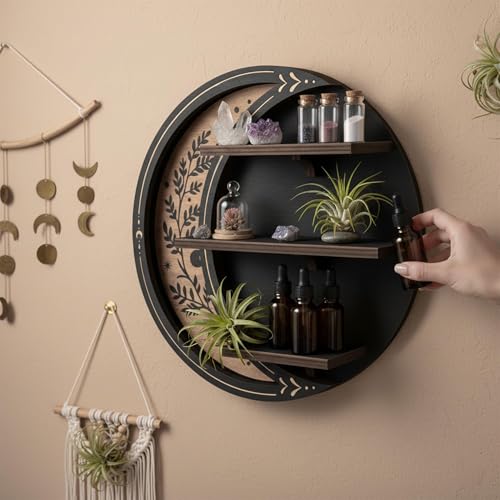 FNYDOX Wall Shelves for Bedroom, Crescent Moon Shelf with LED Light, Witchy Whimsical Celestial Room Decor Aesthetic, Wooden Floating Shelf for Trinket Knick Knack Crystal Rock Gem Essential Oils - Image 4