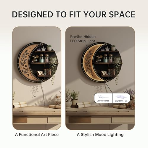FNYDOX Wall Shelves for Bedroom, Crescent Moon Shelf with LED Light, Witchy Whimsical Celestial Room Decor Aesthetic, Wooden Floating Shelf for Trinket Knick Knack Crystal Rock Gem Essential Oils - Image 3