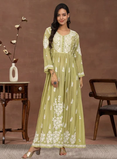 الايا جلابية شيكانكاري موسلين مطرزة يدوياً-AL4017