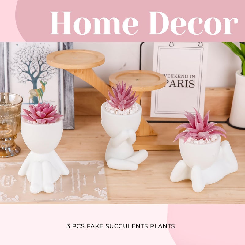 Der Rose 3 Pcs Fake Succulents Plants Artificial Pink Room Office Desk Decor for Women - Image 4