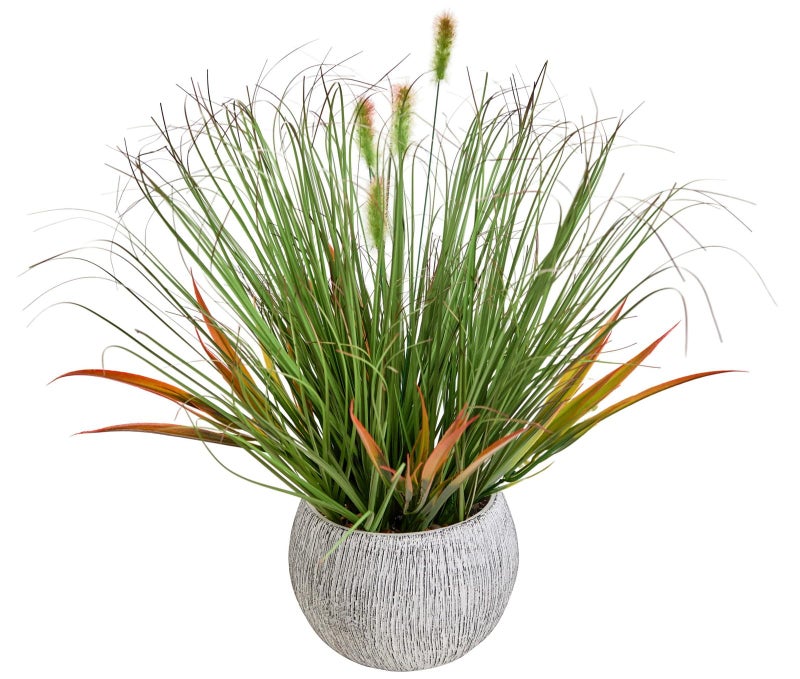 AlphaAcc 16.5" Fake Grass Plant Decorative Faux Greenery in Textured Gray Stripe Planter Lifelike Artificial Potted Plant for Modern Farmhouse Living Room Bedroom Kitchen Office Table Decor - Image 1