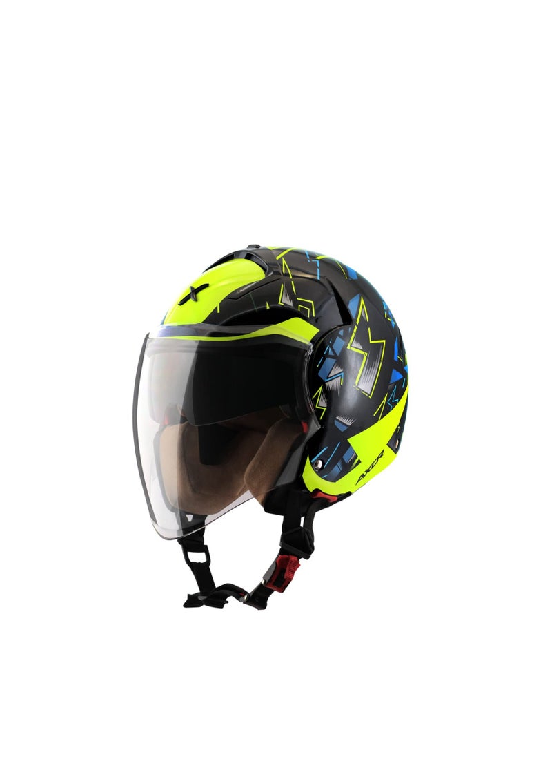 AXOR Axor Striker Cyborg ISI ECE DOT Certified Lightweight Open Face Dual Visor Helmet for Men and Women with Outer Clear Visor and Inner Sun Visor Black Neon Yellow  - Image 1
