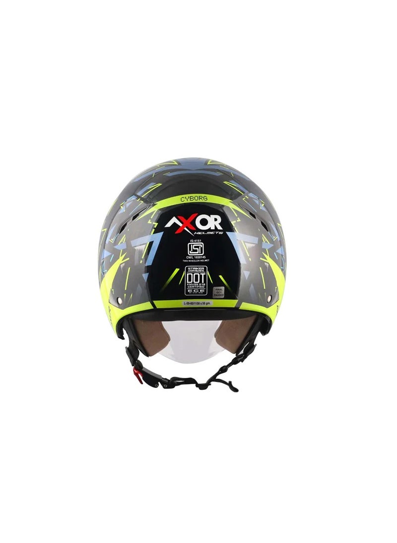 AXOR Axor Striker Cyborg ISI ECE DOT Certified Lightweight Open Face Dual Visor Helmet for Men and Women with Outer Clear Visor and Inner Sun Visor Black Neon Yellow  - Image 3