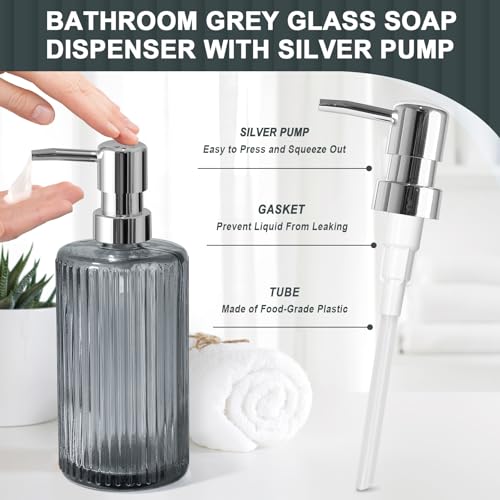 KASUNTING Gray Glass Bathroom Accessories 4 Pcs, Grey Bathroom Set, Soap Dispenser and Toothbrush Holder Set, Qtip Holder Set, Vintage Bathroom Sink Set, Modern Bathroom Decor - Image 3