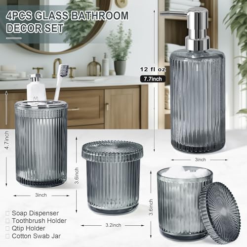 KASUNTING Gray Glass Bathroom Accessories 4 Pcs, Grey Bathroom Set, Soap Dispenser and Toothbrush Holder Set, Qtip Holder Set, Vintage Bathroom Sink Set, Modern Bathroom Decor - Image 2