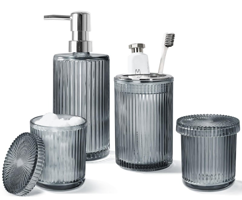 KASUNTING Gray Glass Bathroom Accessories 4 Pcs, Grey Bathroom Set, Soap Dispenser and Toothbrush Holder Set, Qtip Holder Set, Vintage Bathroom Sink Set, Modern Bathroom Decor - Image 1