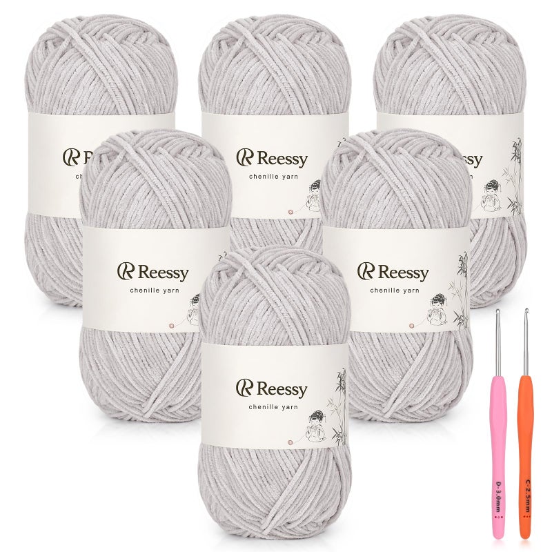 Reessy Skinny Chenille Yarn for Crocheting - 6 Pack of 50g/158yd (948yd Total) - Soft Matte Chenille - Fine Weight Baby Yarn for Plush Toys, Baby Blankets & Small Crochet Crafts(Ash) - Image 1