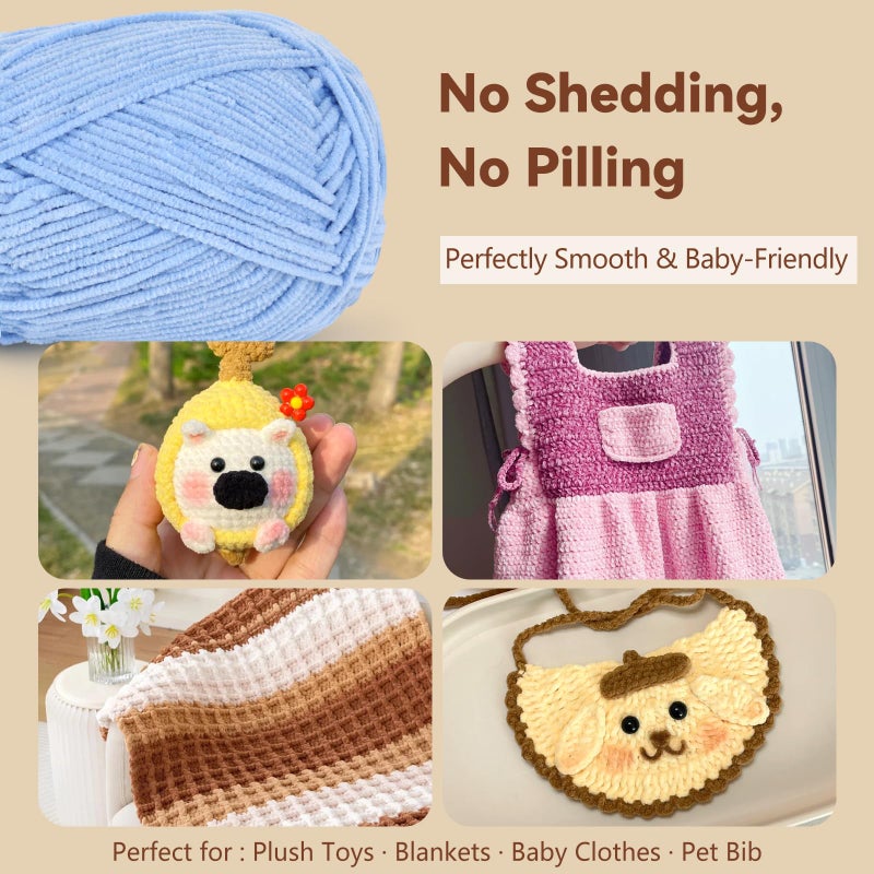 Reessy Skinny Chenille Yarn for Crocheting - 6 Pack of 50g/158yd (948yd Total) - Soft Matte Chenille - Fine Weight Baby Yarn for Plush Toys, Baby Blankets & Small Crochet Crafts(Ash) - Image 5