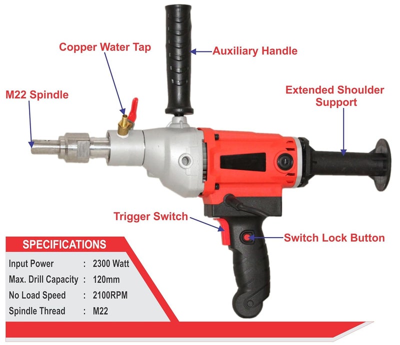 Digital Craft Electric Diamond Core Drilling Machine High Power Handheld Concrete Core Drill with 100 Earth Auger Bit - Image 2